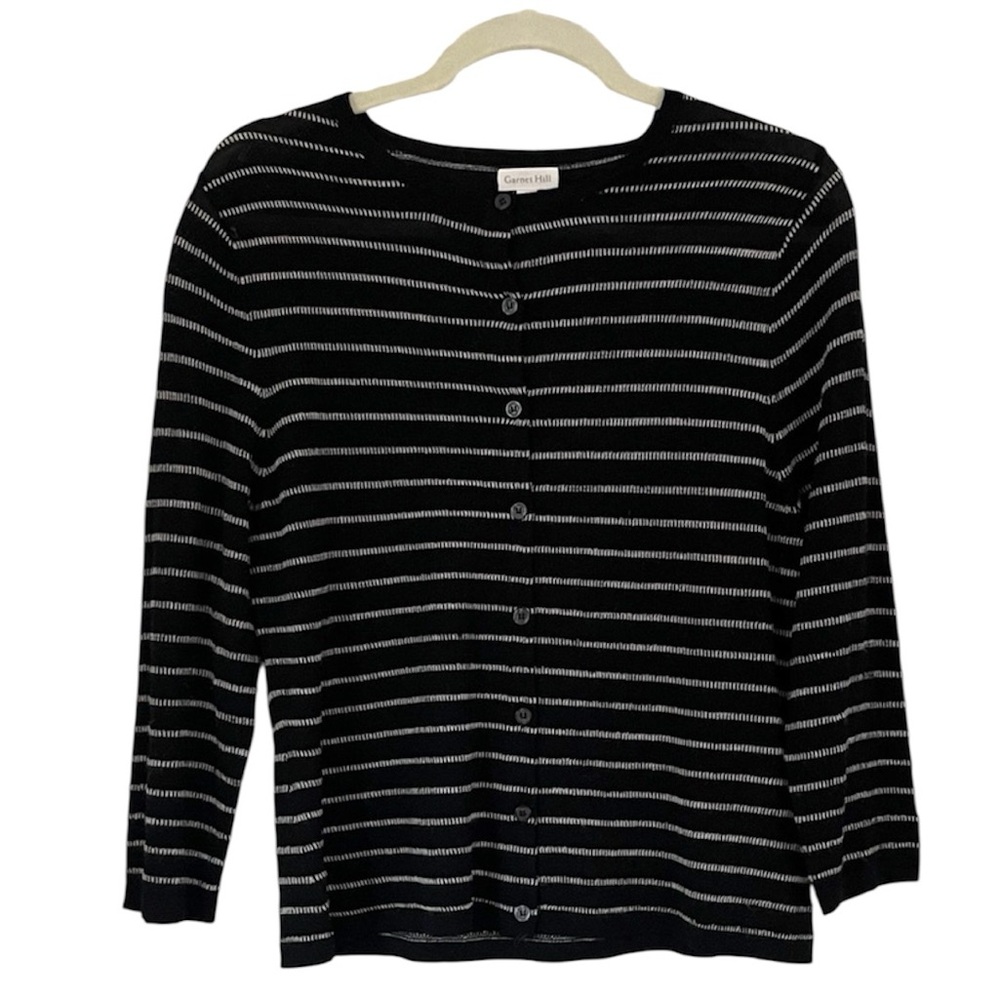 Garnet Hill Merino Wool Striped Lightweight Sweater Black & White Sz Medium